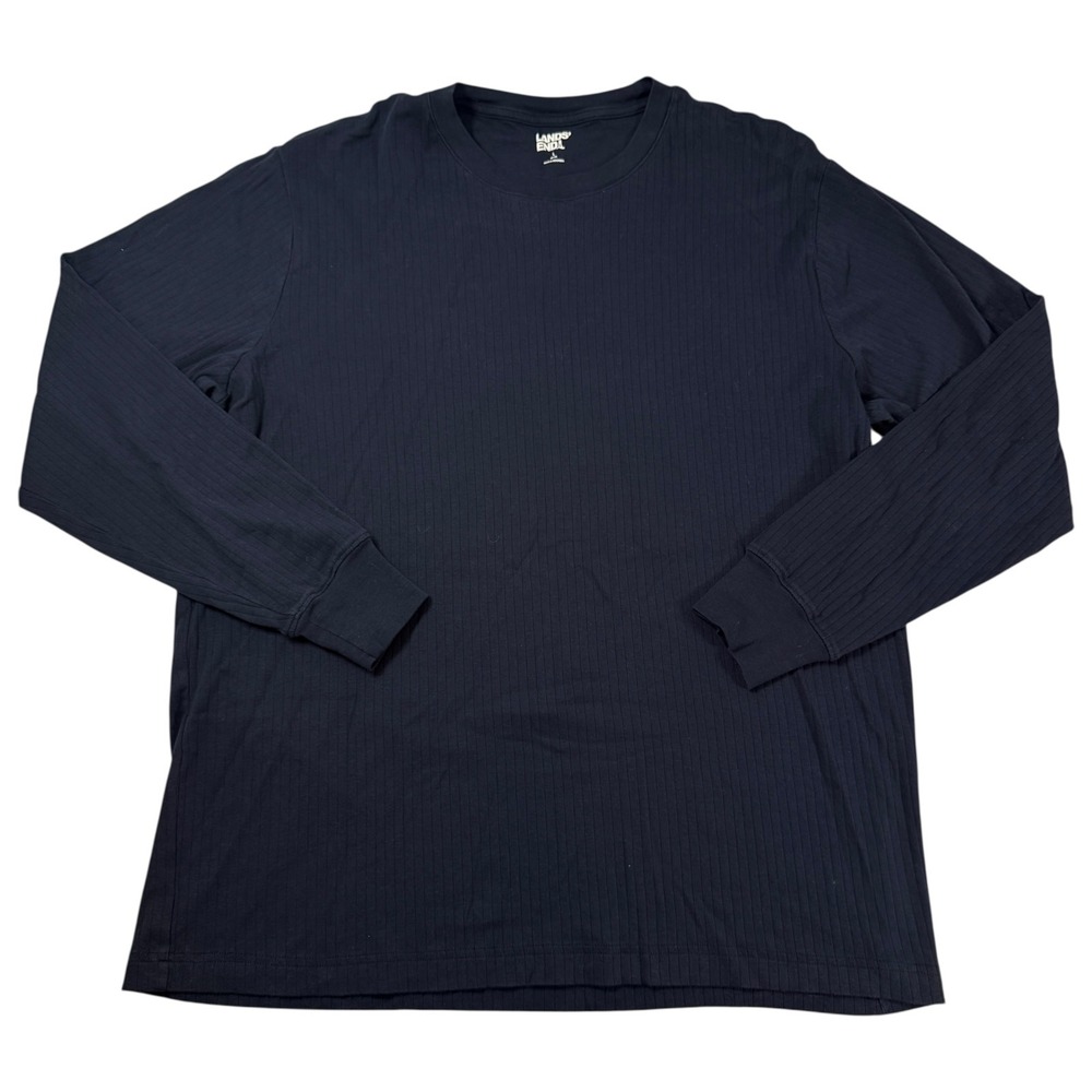 Lands End‎ Mens Crew Neck Large Navy Blue Ribbed Long Sleeve 100% Cotton T-Shirt